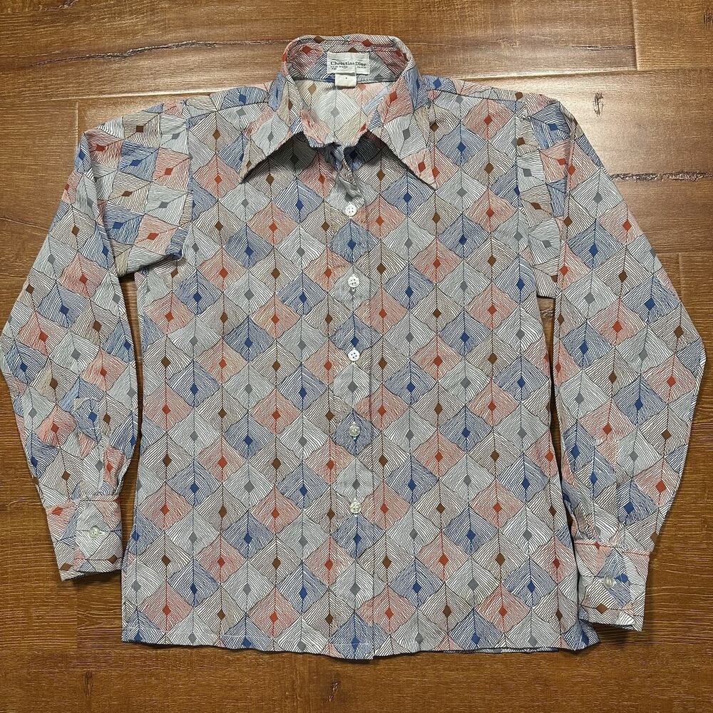 Vintage Christian Dior Button Up Blouse Womens 8 Gray Diamond Long Sleeve Shirt